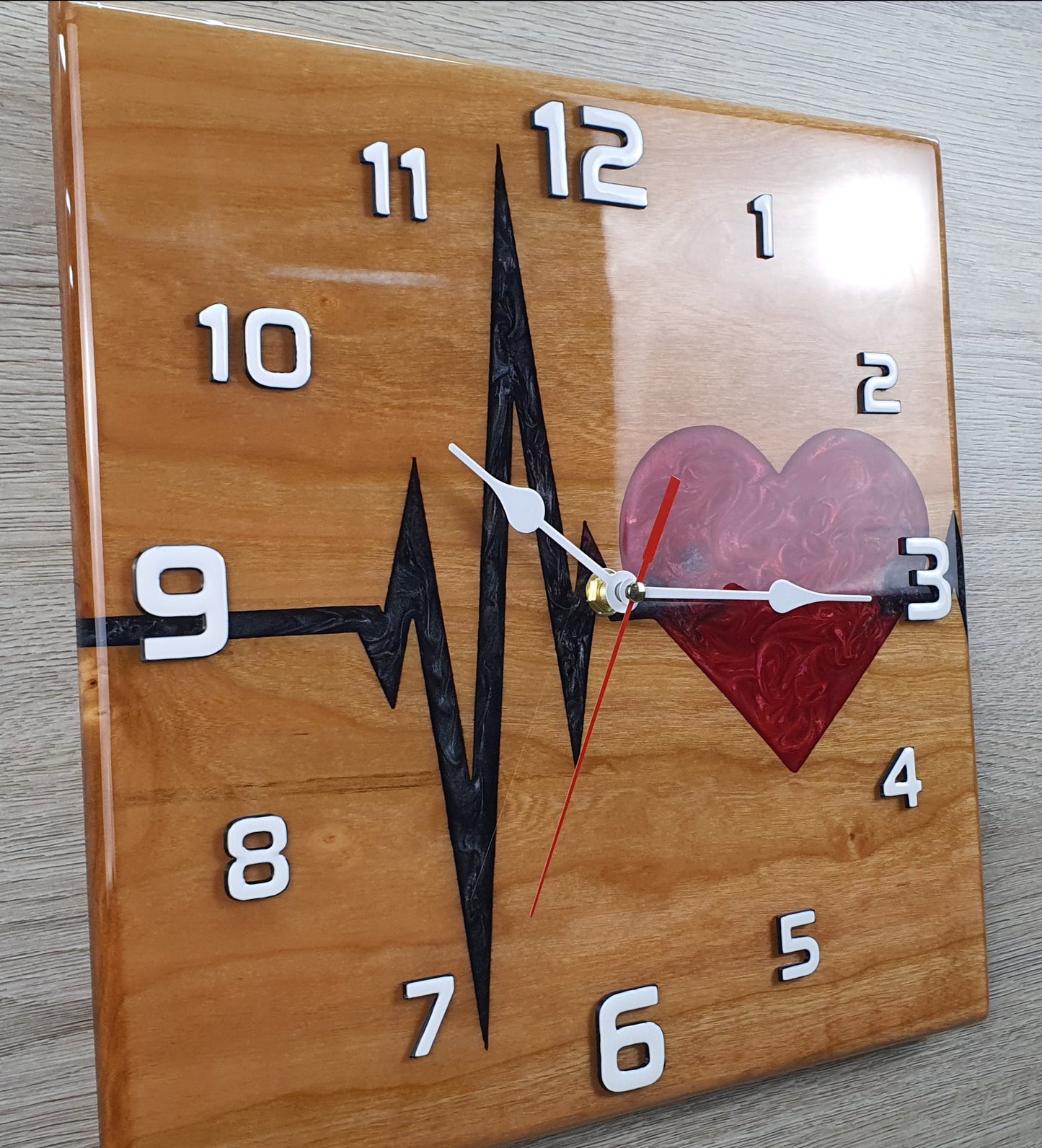 Heartbeat resin and wood wall clock - handmade watch