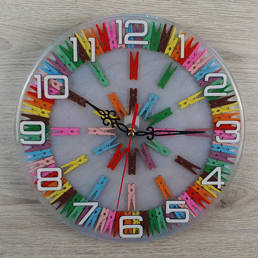 Colorful Clips and Epoxy Resin Wall Clock – Unique Design